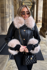 ZARIA BLACK FAUX LEATHER JACKET WITH FUR COLLAR AND CUFFS