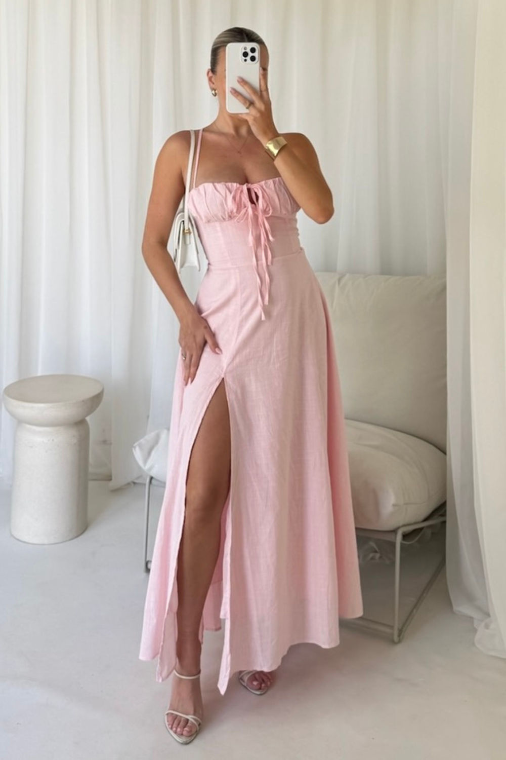 Linda pink linen look split leg maxi dress Linda pink linen look split leg maxi dress