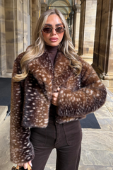 PAIGE CHOCOLATE DEER PRINT FAUX FUR COLLAR JACKET