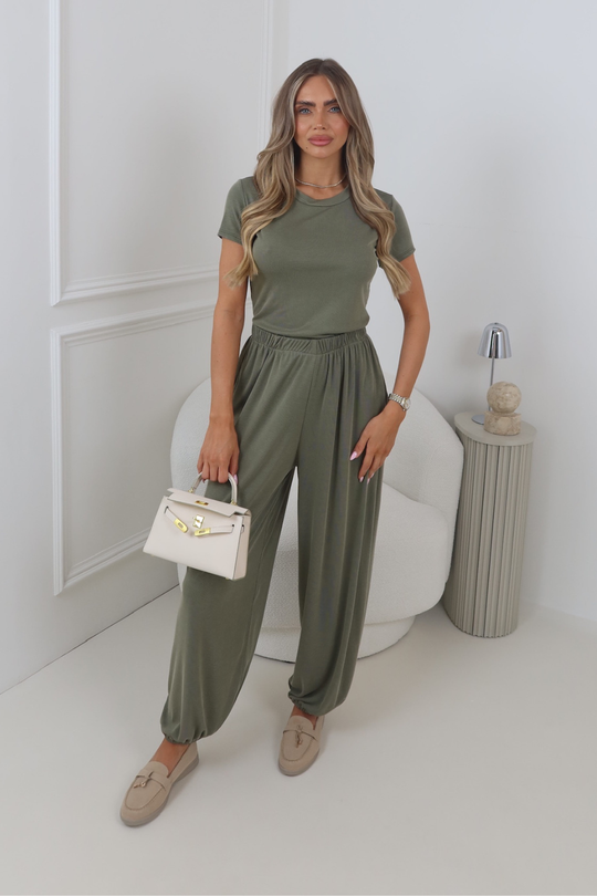 ANNIE KHAKI TSHIRT & BALLOON TROUSER RIBBED TWO PIECE SET