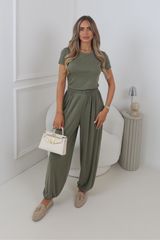 ANNIE KHAKI TSHIRT & BALLOON TROUSER RIBBED TWO PIECE SET