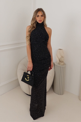 IRIS BLACK DIAMANTE HALTER NECK MAXI DRESS