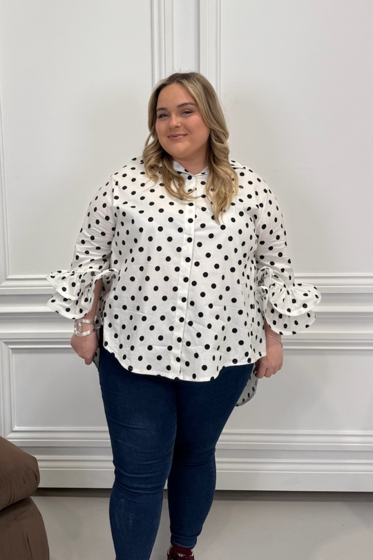 CURVE JANE IVORY POLKA DOT RUFFLE CUFF SHIRT