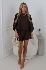 ELODIE CHOCOLATE BATWING TOP AND SHORTS CO ORD