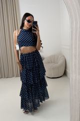 NAOMI NAVY POLKA DOT RUFFLE MAXI SKIRT & HALTER TOP