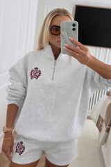 St Moritz light grey marl & burgundy embroidered oversized 3/4 sweater shorts loungewear