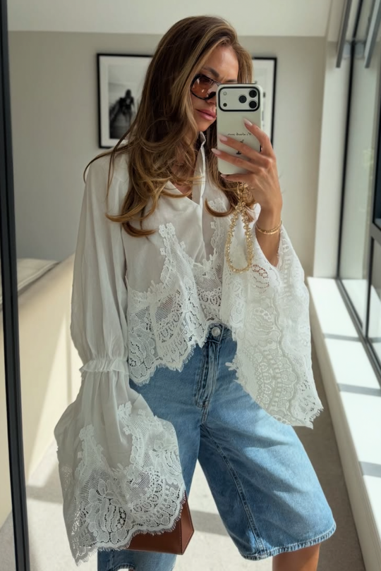ELLE WHITE BOHO STYLE CROPPED LACE FLARE SLEEVE BLOUSE