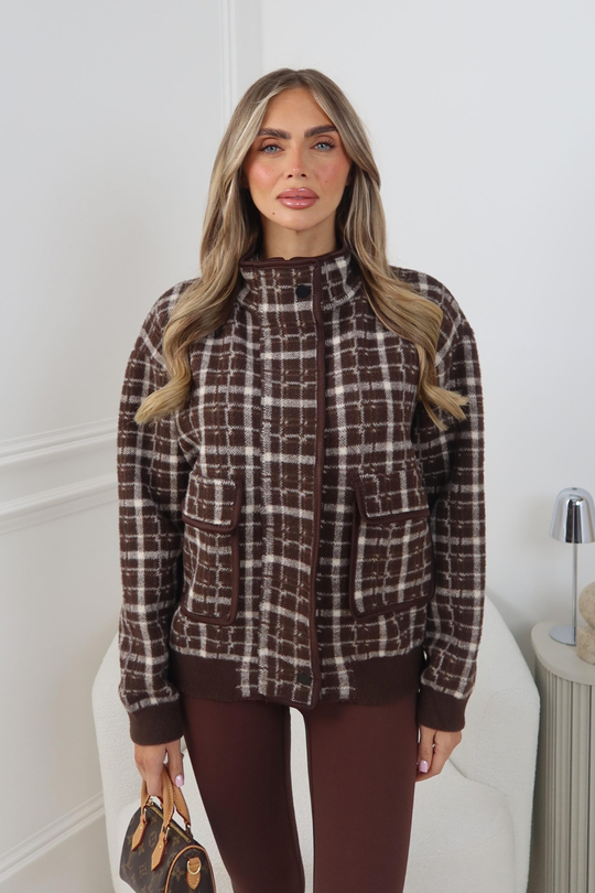 ETTIE BROWN CHECK ZIP UP KNITTED CARDIGAN