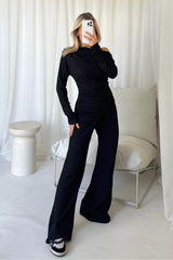 Kaci black draped long sleeve top and trouser co-ord