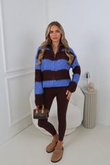 DEMI BLUE & BROWN STRIPE ZIP UP KNITTED CARDIGAN