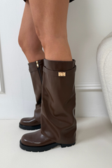 DAYA CHOCOLATE FLAT FOLD OVER STRAPPED BOOTS