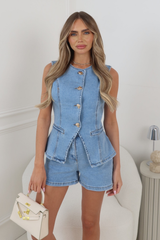 ZOEY BLUE DENIM WAISTCOAT TOP AND SHORTS TWO PIECE SET