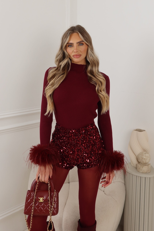 LAYLA BURGUNDY FUR CUFF LONG SLEEVE TOP