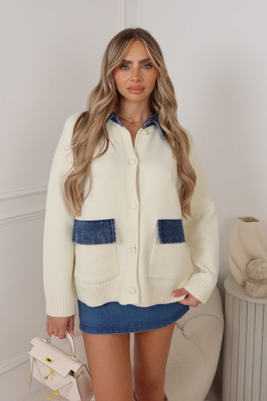 Wilson cream denim detail knitted cardigan