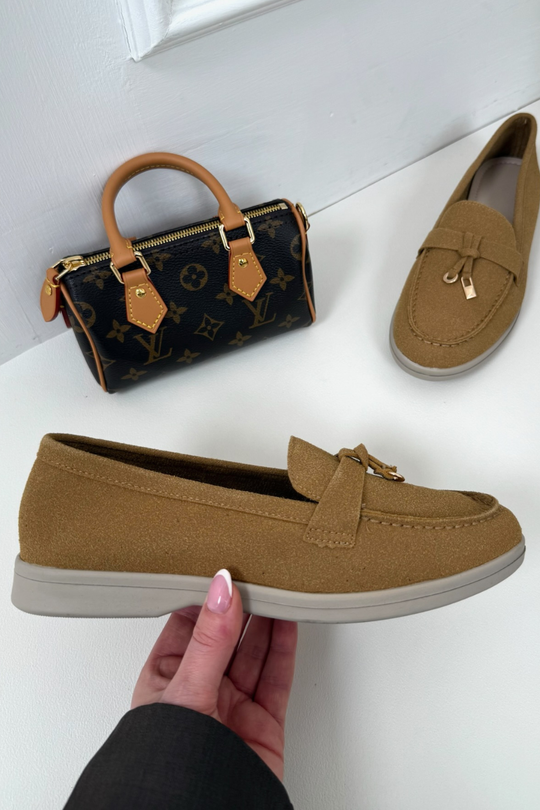 LAURA CAMEL FAUX SUED GOLD TASSLE LOAFER