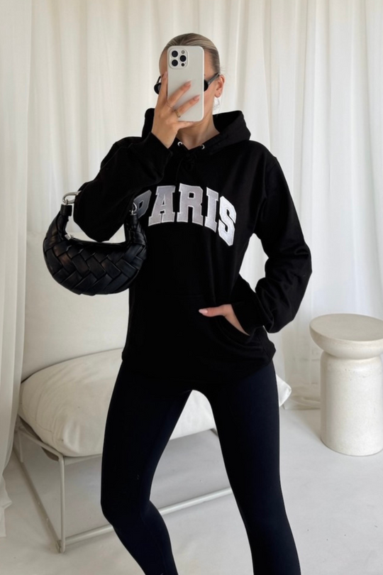 Paris black embroidered hoodie