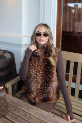 KATY CHOCOLATE DEER PRINT FAUX FUR ZIP GILET