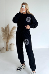 Sporty & wealthy black printed embroidered joggers premium loungewear