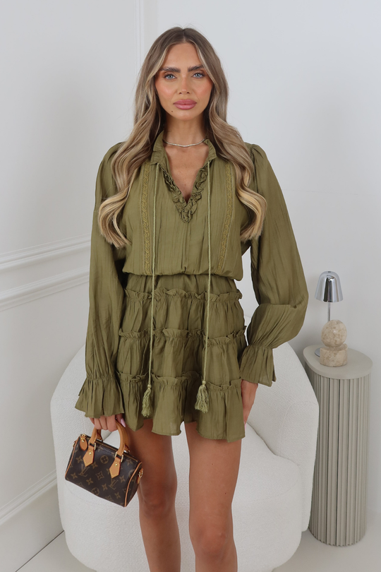 CINDY KHAKI RUFFLE LONG SLEEVE MINI DRESS