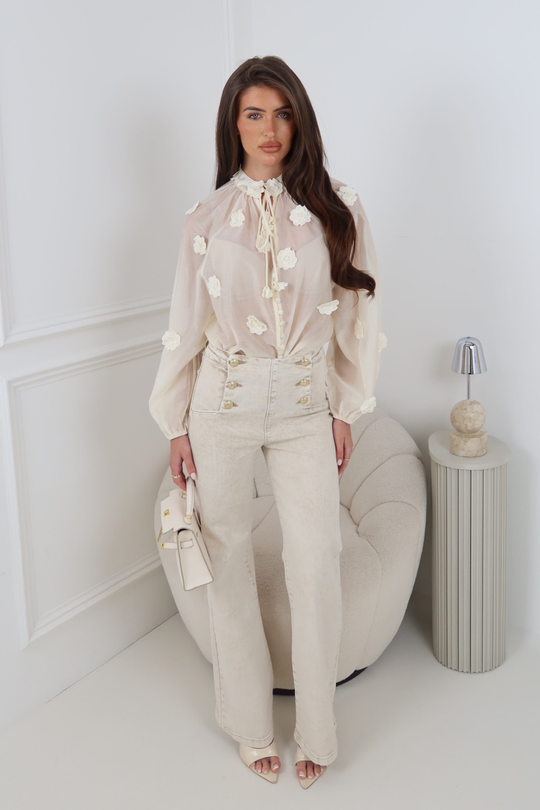 NOVA BEIGE GOLD BUTTON HIGH WAIST JEANS