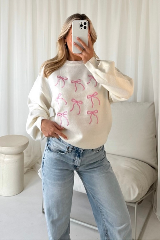 Ribbon bow embroidered cream knit sweater