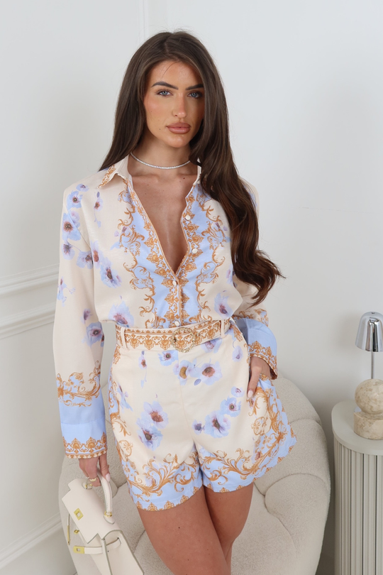 MILLIE IVORY BLUE FLORAL SHIRT & BELTED SHORTS SET