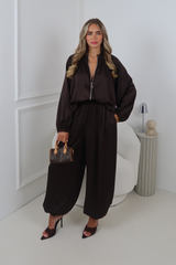 NESSA CHOCOLATE SATIN BALLOON TROUSER AND ZIP UP JACKET CO ORD