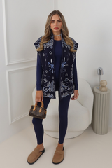 STEVIE NAVY PAISLEY KNIT SLEEVELESS GILET CARDIGAN