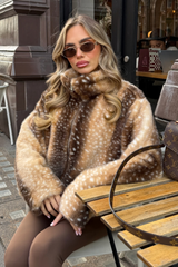 AURIELLE TAN DEER PRINT ZIP UP FLUFFY JACKET