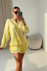 AMANDA LEMON CHEESECLOTH LINEN SHIRT AND SKORT CO ORD TWO PIECE SET