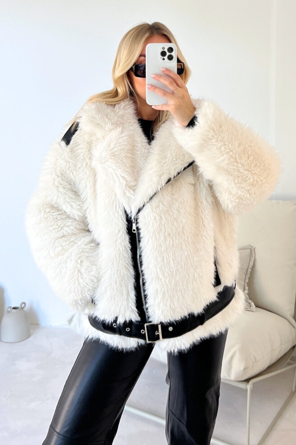 Lauren white faux fur biker jacket