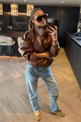 ACE CHOCOLATE FAUX LEATHER HIGH NECK JACKET