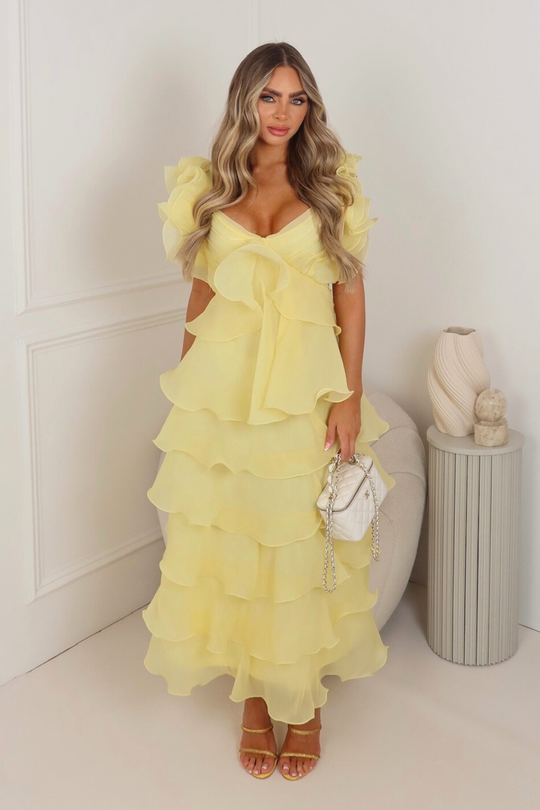 Arabella lemon tiered chiffon maxi dress