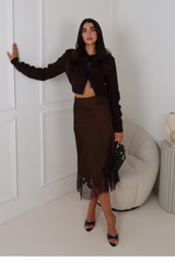DRAYA CHOCOLATE LACE EDGED MIDI SATIN SLIP SKIRT
