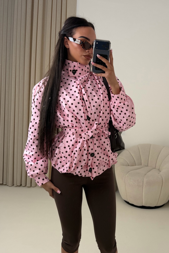 GABRIELLA PINK POLKA DOT BELTED PUFF SLEEVE HIGH NECK JACKET