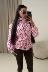 GABRIELLA PINK POLKA DOT BELTED PUFF SLEEVE HIGH NECK JACKET
