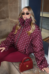 FRANKIE BURGUNDY POLKA DOT HIGH NECK PUFFER JACKET