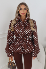GABRIELLA CHOCOLATE POLKA DOT BELTED PUFF SLEEVE HIGH NECK JACKET