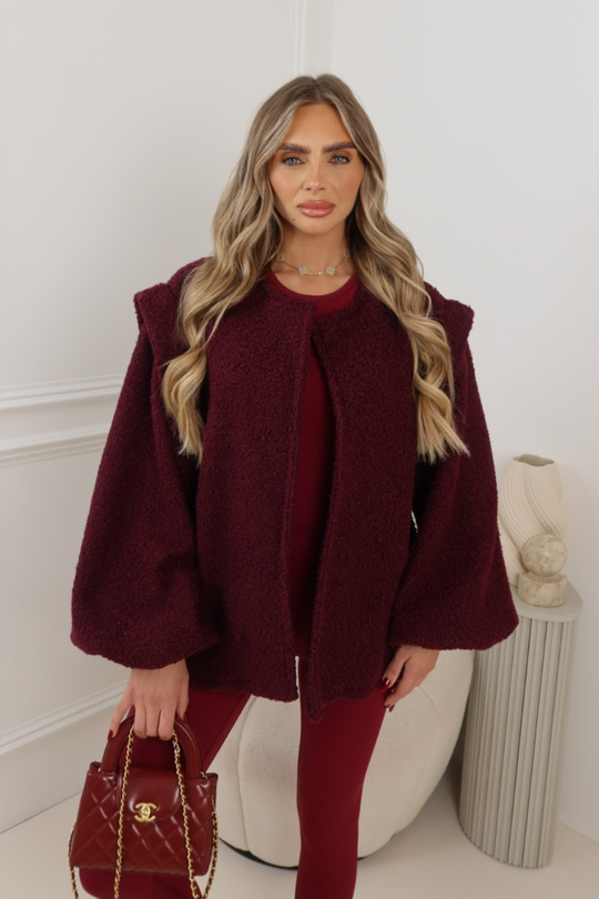 BRIANNA BURGUNDY BOUCLE BOMBER JACKET
