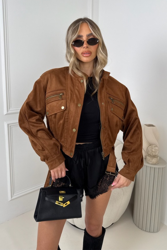 Birdie camel faux suede bomber jacket