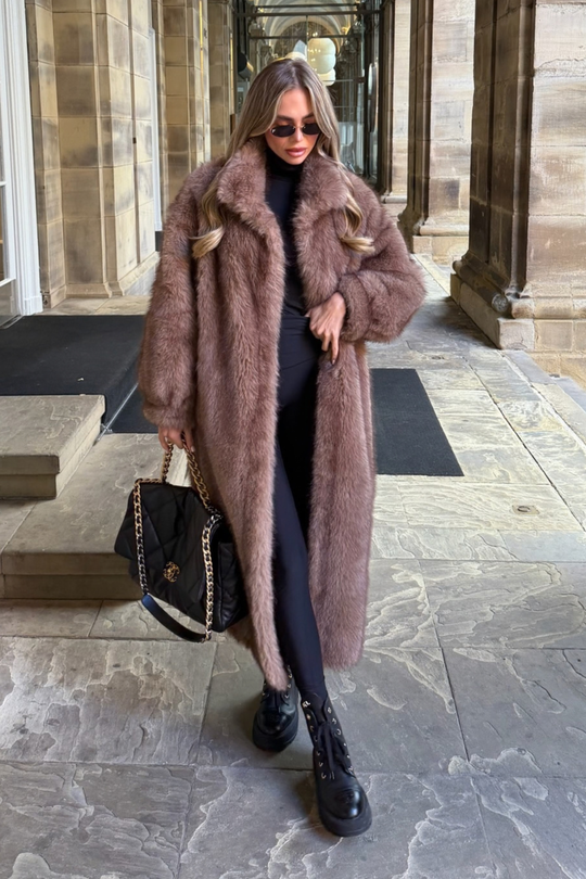ELLE BROWN COLLARED MAXI LENGTH FAUX FUR COAT