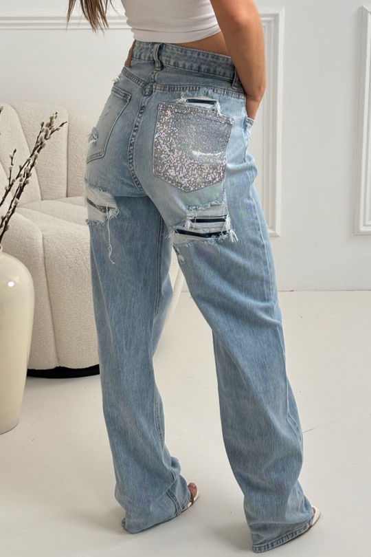 Jasmine blue denim diamante pocket wide leg jeans