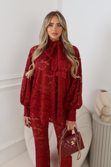 SAPPHIRE BURGUNDY LACE BOW BLOUSE