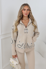 PAISLEY BEIGE KNITTED FULL ZIP HIGH NECK CARDIGAN