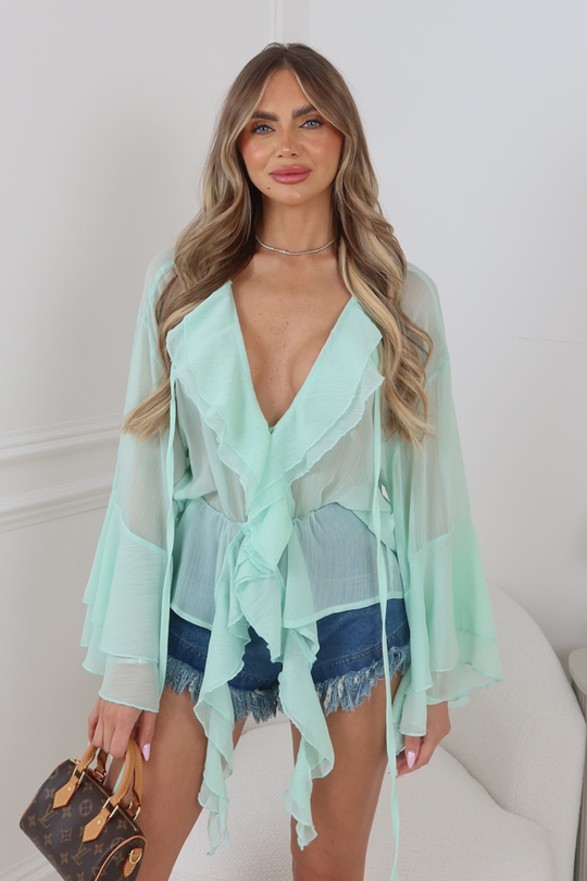 ADELE MINT RUFFLE CHIFFON LONG SLEEVE BLOUSE