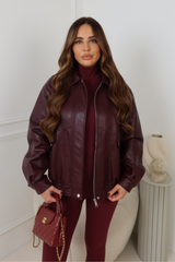 ORLA BURGUNDY FAUX LEATHER BOMBER JACKET