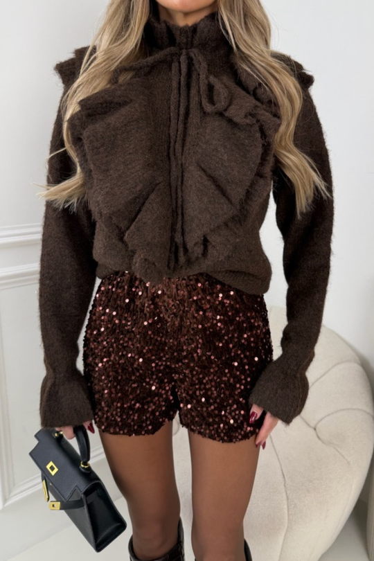 MARCIE CHOCOLATE SEQUIN VELOUR ELASTICATED SHORTS