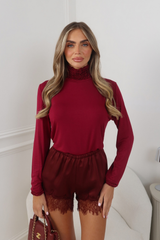 YASMIN BURGUNDY HIGH NECK RUFFLE THIN LONG SLEEVE TOP