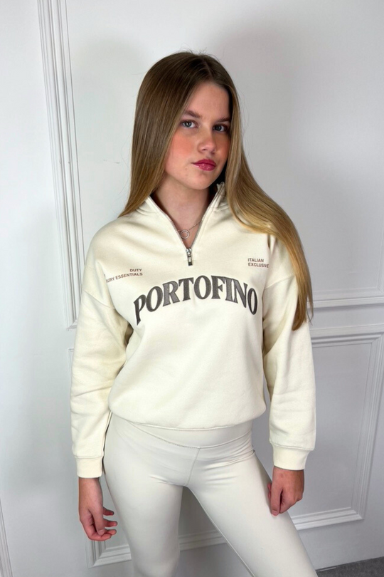 Mini portofino ecru embroidered 3/4 zip sweater