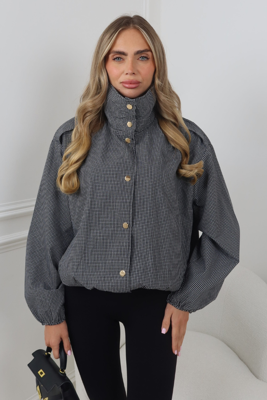 DANI BLACK CHECK HIGH NECK BUTTON UP JACKET